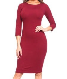 Burgundy - 3/4 Sleeve Midi Body-Con Dress