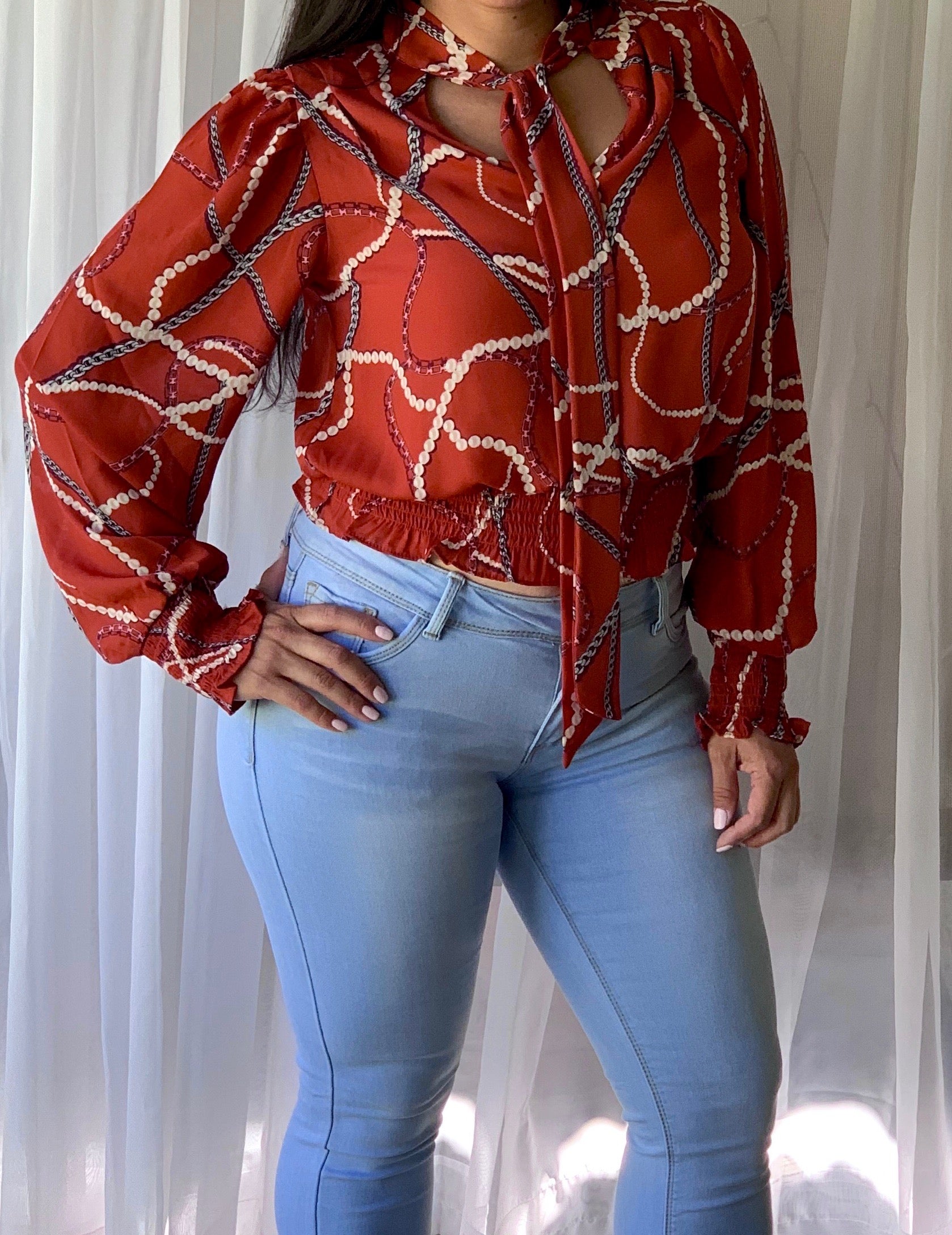 Neck Ribbon Blouse - Rust