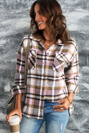 Plaid Button Front Shirt Jacket with Breast Pockets